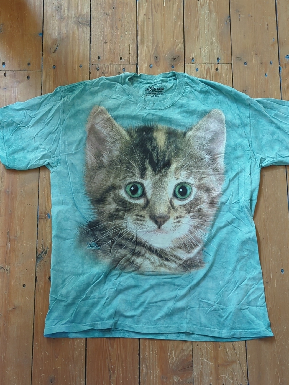 257-The Mountain Teal Tie-dye Kitten Face T-Shirt